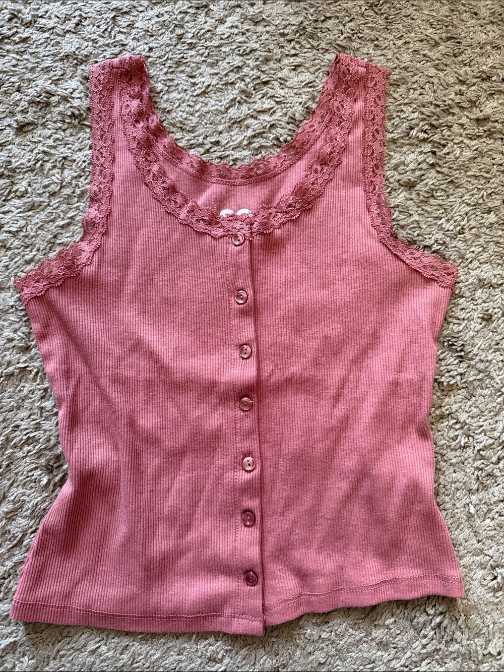 Women's XS Lace Trim Rose Pink Button Front Tank Top